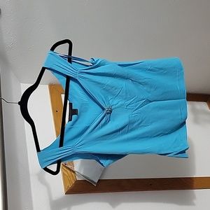 Bright blue vneck tank with brooch